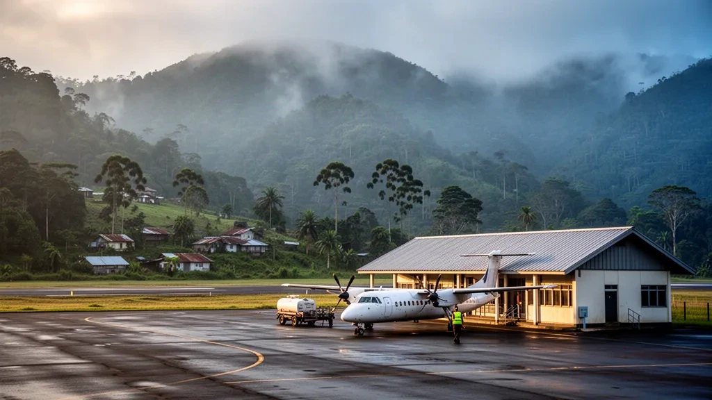 Piazzale dell'aeroporto di Mendi e piccolo terminal negli altopiani meridionali della Papua Nuova Guinea, con un aereo turboelica e creste montuose nebbiose all'alba