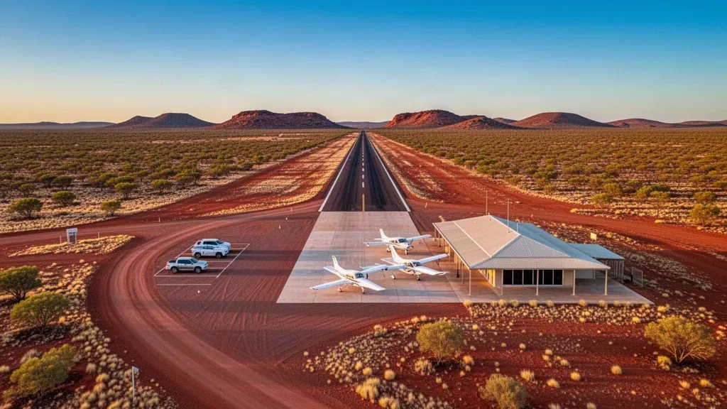 Remote Outback airstrip at Sandstone Airport in Western Australia, with a small terminal, parked light aircraft and a golden-hour runway