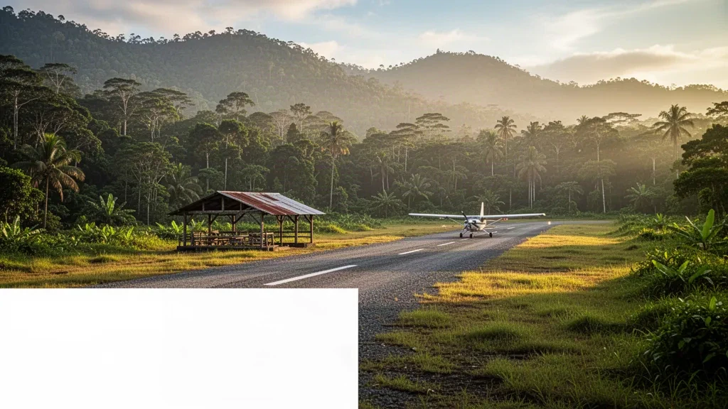 Aéroport de Nadunumu en Papouasie-Nouvelle-Guinée, une piste d'atterrissage tropicale isolée avec une forêt tropicale luxuriante et des montagnes sous une lumière dorée.