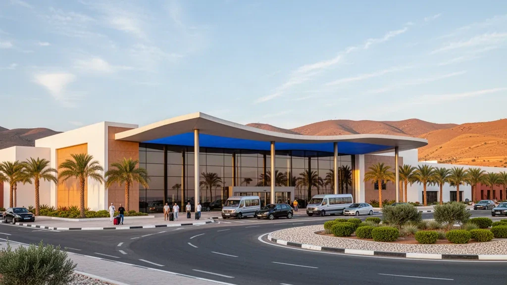 Fas'taki Nador Al Aaroui Uluslararası Havalimanı'nda gün batımında modern terminal binası ve yolcu indirme şeridi