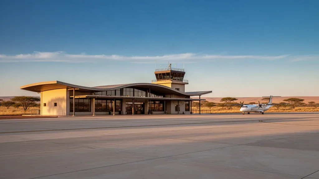 Pequeña terminal de aeropuerto regional en Rundu, Namibia, a la hora dorada, con un turbohélice en la plataforma y un horizonte de sabana abierta más allá.
