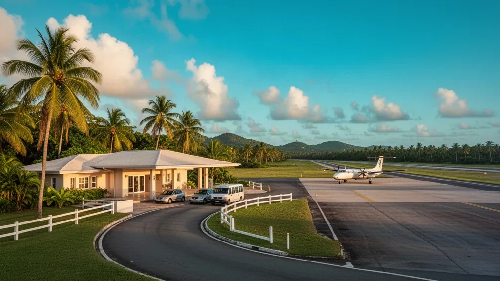Aeropuerto tropical de Negril en Jamaica con una pequeña terminal, palmeras, carril de descenso y aviones ligeros estacionados bajo la luz dorada del Caribe