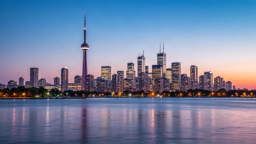 Ligne d'horizon de Toronto avec la tour CN et les gratte-ciel du centre-ville au crépuscule, se reflétant sur le lac Ontario, Ontario, Canada.