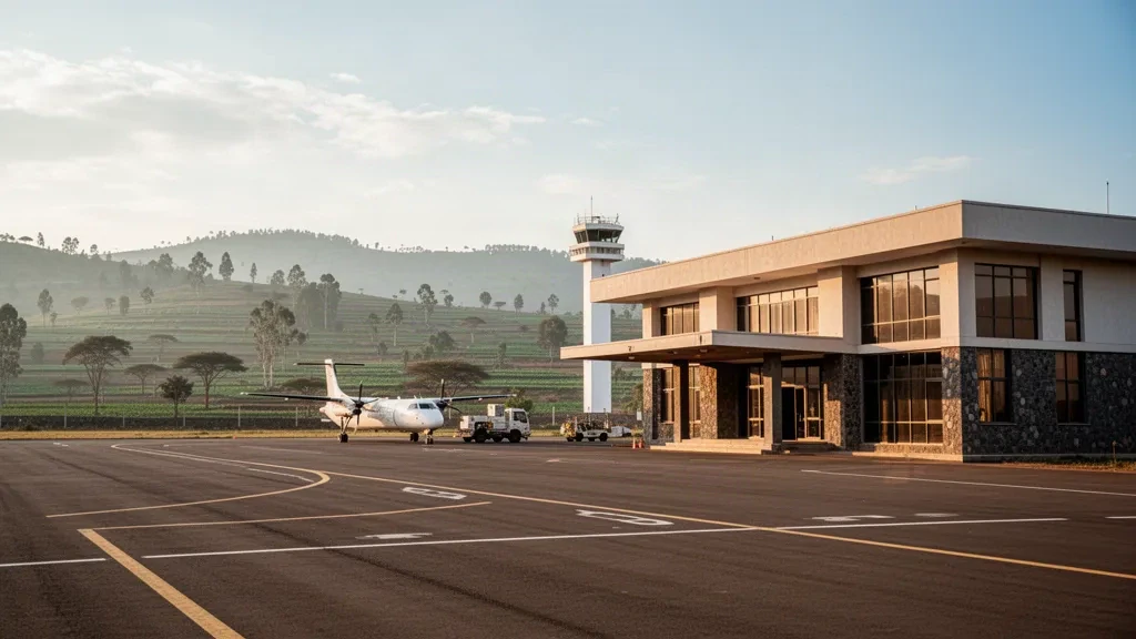 Terminal d'un seul niveau à l'aéroport de Nekemte, dans les hauts plateaux éthiopiens, avec un bimoteur à turbopropulseur sur le tarmac à l'heure dorée