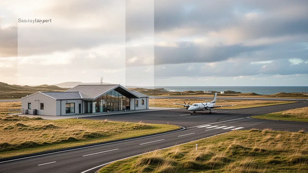Petit terminal aéroportuaire insulaire et piste sur l'île de Sanday, Orcades, avec un avion bimoteur et un paysage côtier.