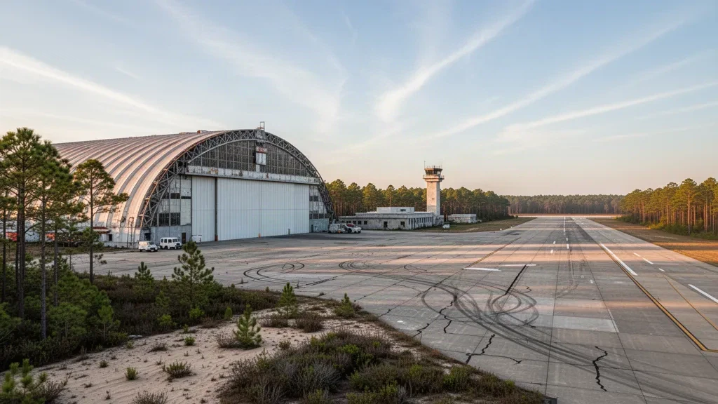 Weite Ansicht des Flugfelds Lakehurst Maxfield Field in New Jersey zur goldenen Stunde mit historischem Hangar, Start- und Landebahn und umgebendem Kiefernwald