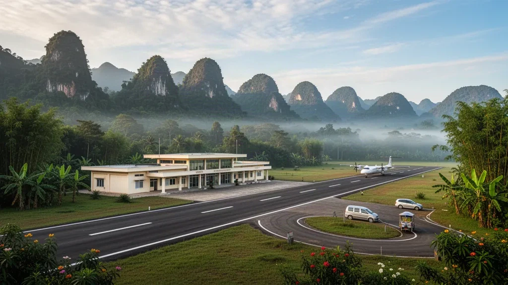 Der Flughafen Sam Neua in Laos mit einer einzigen Start- und Landebahn und einem bescheidenen Terminal, eingebettet zwischen grünen Bergen in der Provinz Houaphanh.