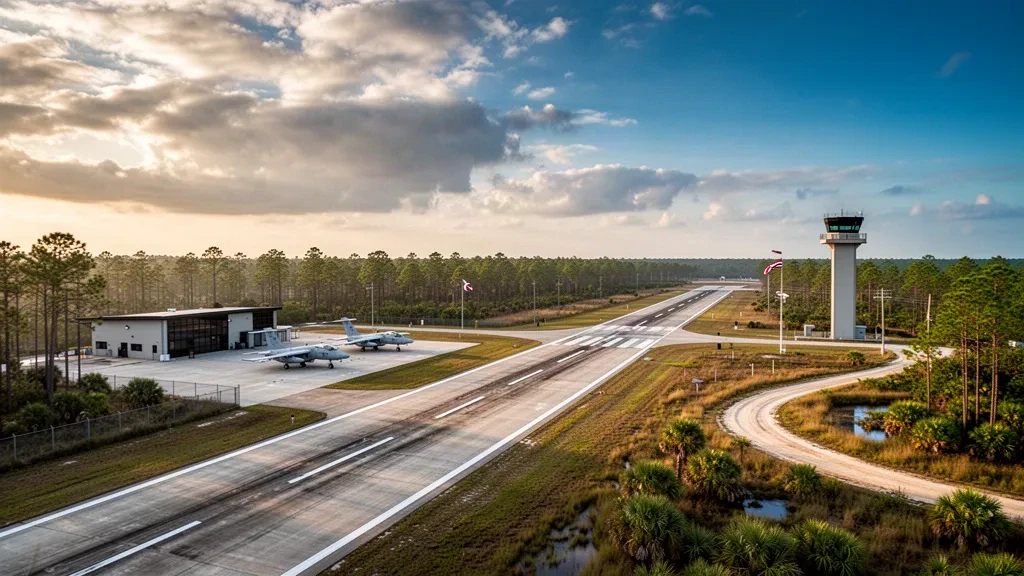 Jacksonville yakınlarındaki kuzeydoğu Florida'da yer alan Whitehouse Naval Outlying Field'da sessiz pistin, apronun ve ağaç sırasının altın saat görünümü.