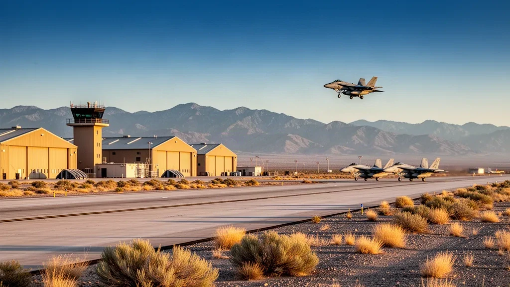 Pista desertica, hangar e torre di controllo presso la Base Aerea Navale di Fallon in Nevada con luce dell'ora d'oro e un jet in avvicinamento