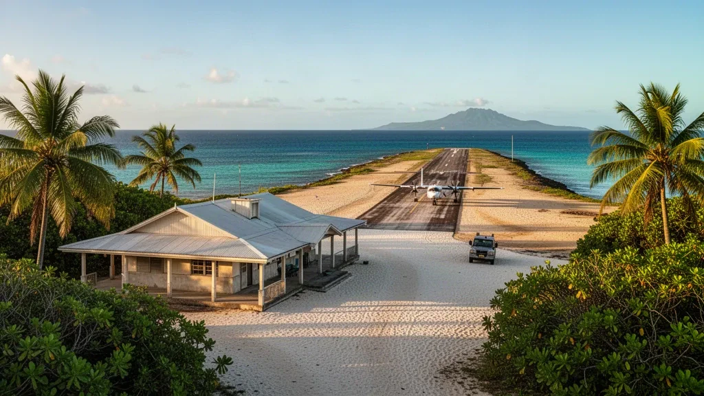 Tonga, Niuafo'ou'daki Mata'aho Havalimanı'nda hindistan cevizi palmiyeleri, küçük bir terminal ve park etmiş çift pervaneli bir uçakla tropikal ada pisti.