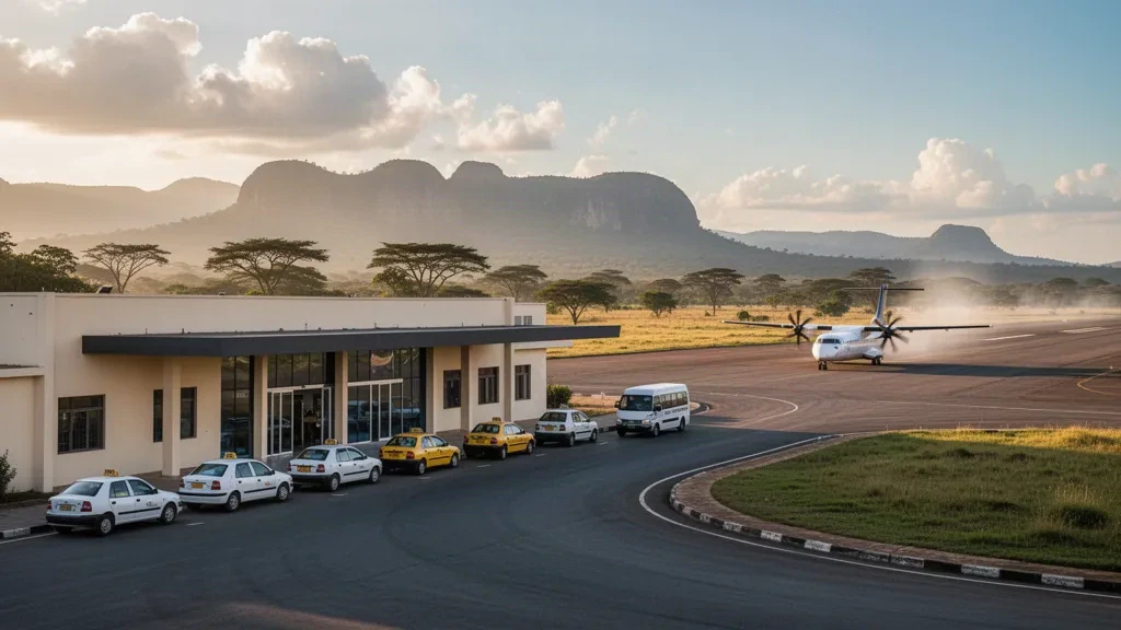 Terminal des Flughafens N'Gaoundéré und Abholspur zur goldenen Stunde, dahinter Savannenhügel des Adamaua-Plateaus
