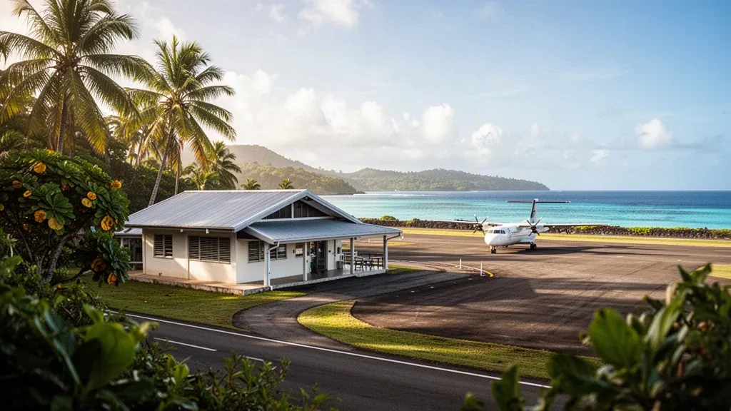 Small tropical terminal and palm-lined airstrip at Ngau Airport on Gau Island, Fiji, under warm late-afternoon South Pacific light