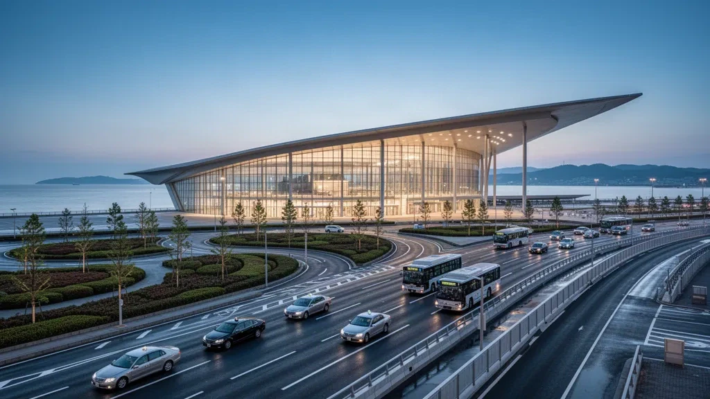 Terminal moderna de cristal y carriles de acceso curvos en el Aeropuerto Internacional Chubu Centrair, en la bahía de Ise, Nagoya, fotografiados al atardecer