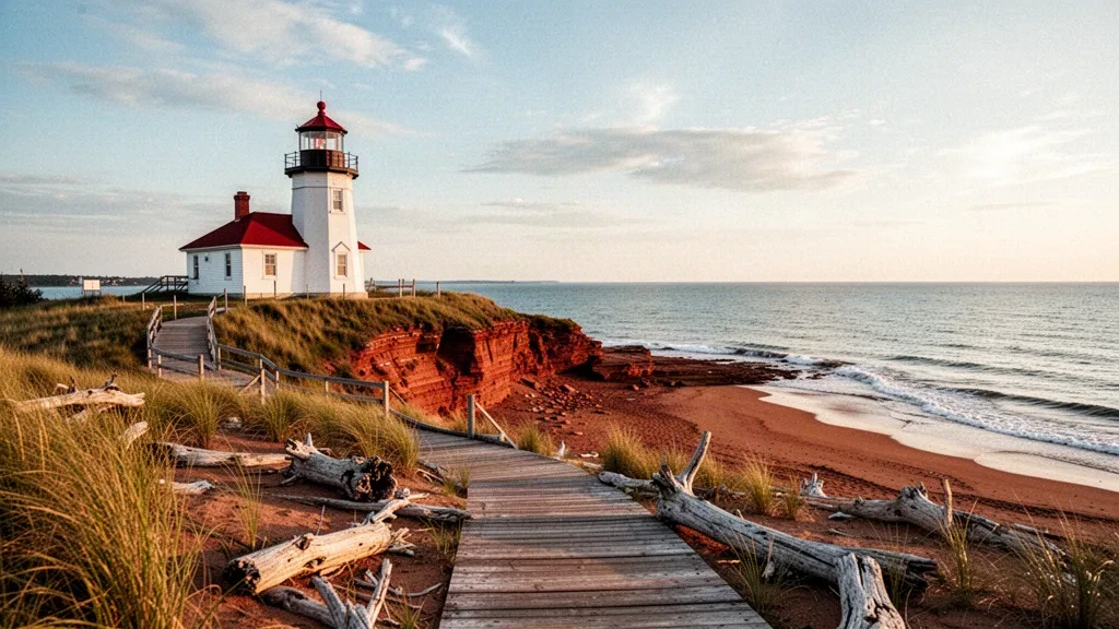 Dunes de grès rouge et phare en bois blanc sur la côte nord de l'Île-du-Prince-Édouard à l'heure dorée