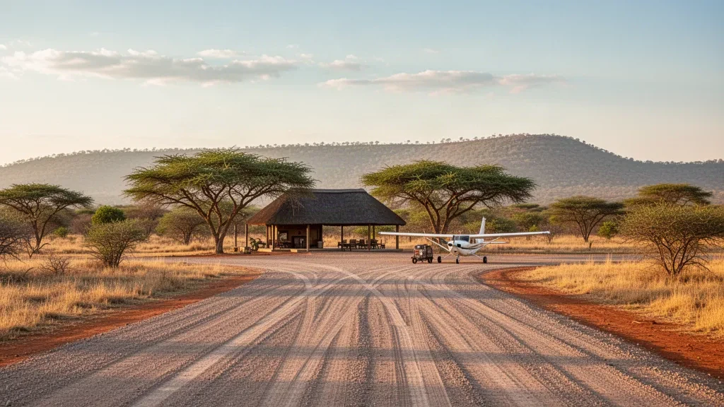 Leichtes Charterflugzeug auf der Schotterpiste im Buschveld am Flughafen Ngala in Südafrika, umrahmt von trockenen Savannenbäumen im warmen Licht des späten Nachmittags
