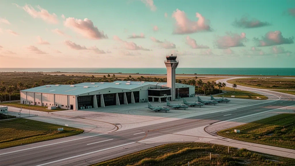Marineflugplatz an der texanischen Golfküste zur goldenen Stunde mit Hangars, Kontrollturm und parkenden Flugzeugen neben der Startbahn