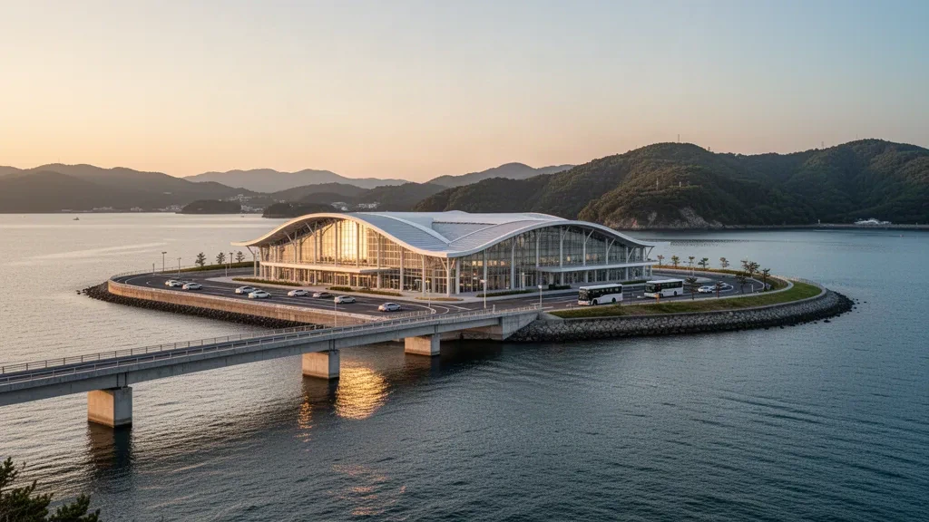Modernes Glasterminal des Flughafens Nagasaki auf seiner künstlichen Insel in der Omura-Bucht, verbunden durch eine Brücke mit grünen Hügeln und ruhigem Wasser zur goldenen Stunde