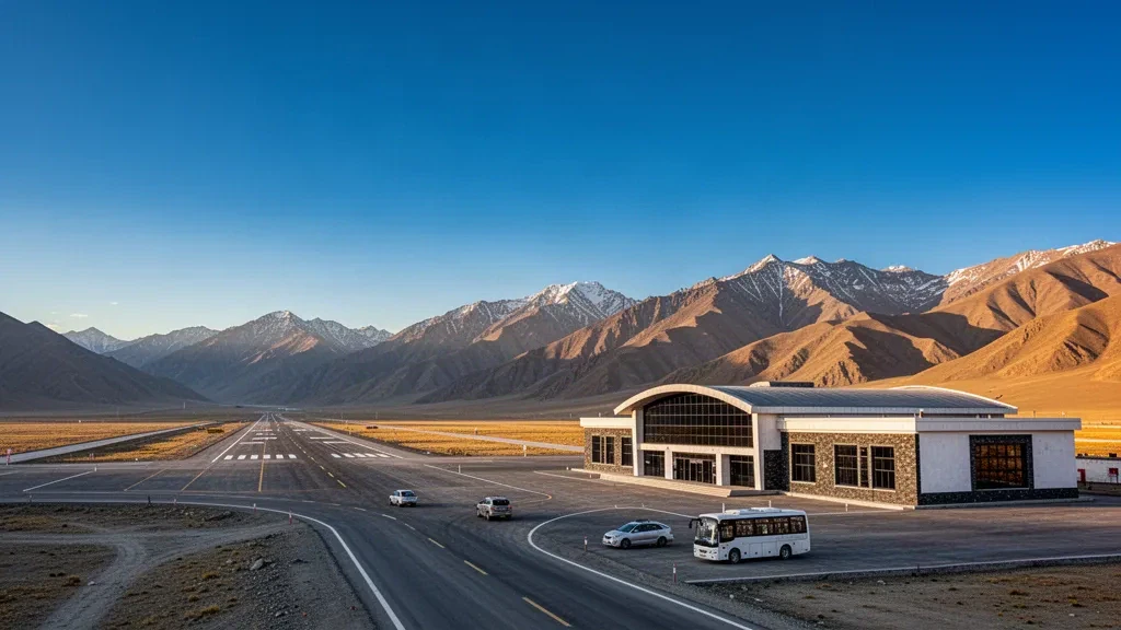 Yüksek Tibet platosundaki Ngari Gunsa Havalimanı'nda modern terminal ve pist, derin mavi bir gökyüzü altında çıplak hardal renkli dağ sırtlarıyla çevrili.