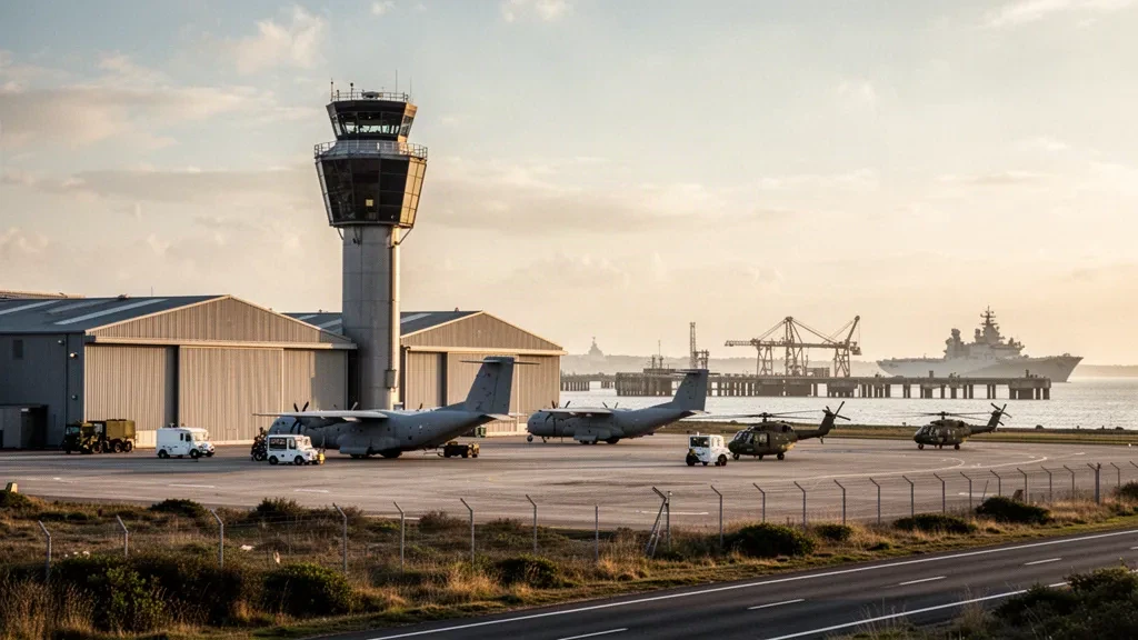Vorfeld eines Marineflugplatzes mit Hangars und Kontrollturm am Chambers Field, Naval Station Norfolk, Virginia, zur goldenen Stunde
