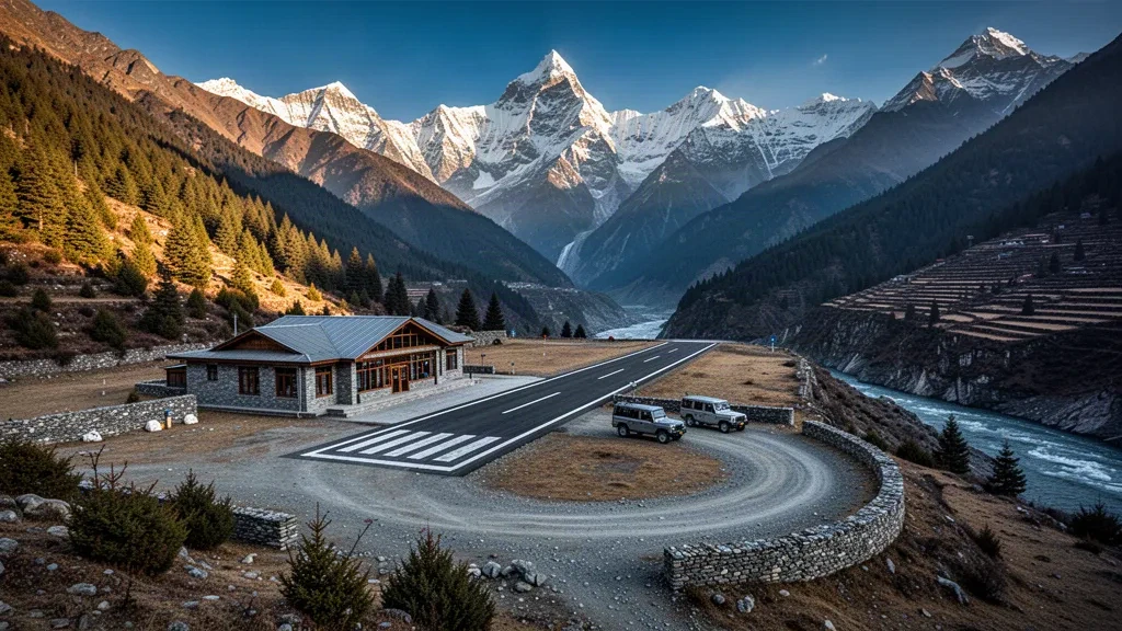 Hoch gelegene Start- und Landebahn des Flughafens Manang und kleines Terminal aus Stein, umrahmt von schneebedeckten Gipfeln des Himalaya in Nepal