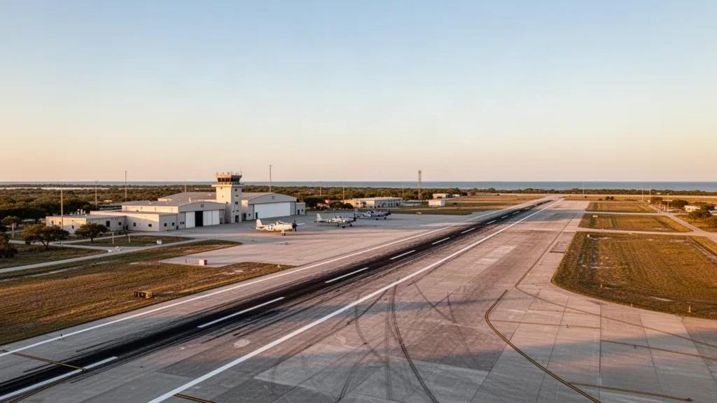 Blick zur goldenen Stunde auf das Cabaniss Field Naval Outlying Landing Field bei Corpus Christi, Texas, mit Start- und Landebahn, Hangars und Trainingsflugzeugen.