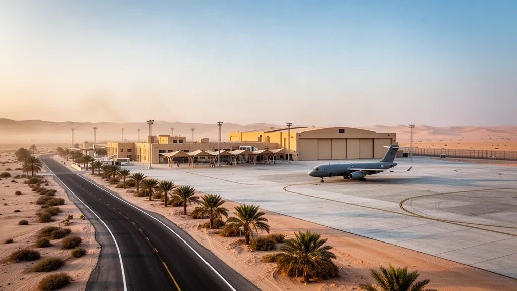 Dubai yakınlarındaki Al Minhad Hava Üssü'nde sıcak altın saat ışığı altında çöl havaalanı apronu ve alçak terminal binaları