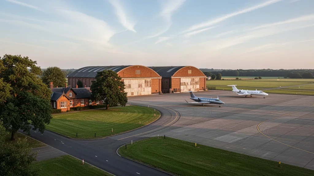 Hangares históricos de ladrillo, plataforma de asfalto y carretera de acceso tranquila en el aeródromo de RAF Northolt, cerca de Londres, con luz cálida de atardecer