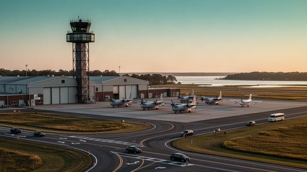 Campo di aviazione della Naval Air Station Patuxent River in Maryland durante l'ora d'oro, con hangar, torre di controllo e aerei sul piazzale