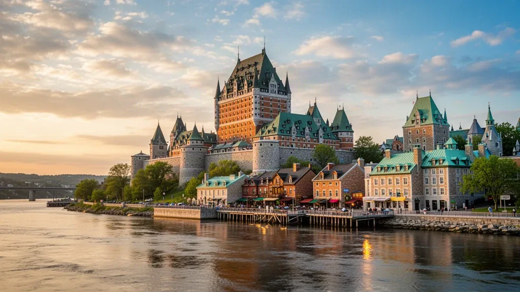 Vista panoramica dello skyline di Québec City con il Château Frontenac e il fiume San Lorenzo durante l'ora d'oro.