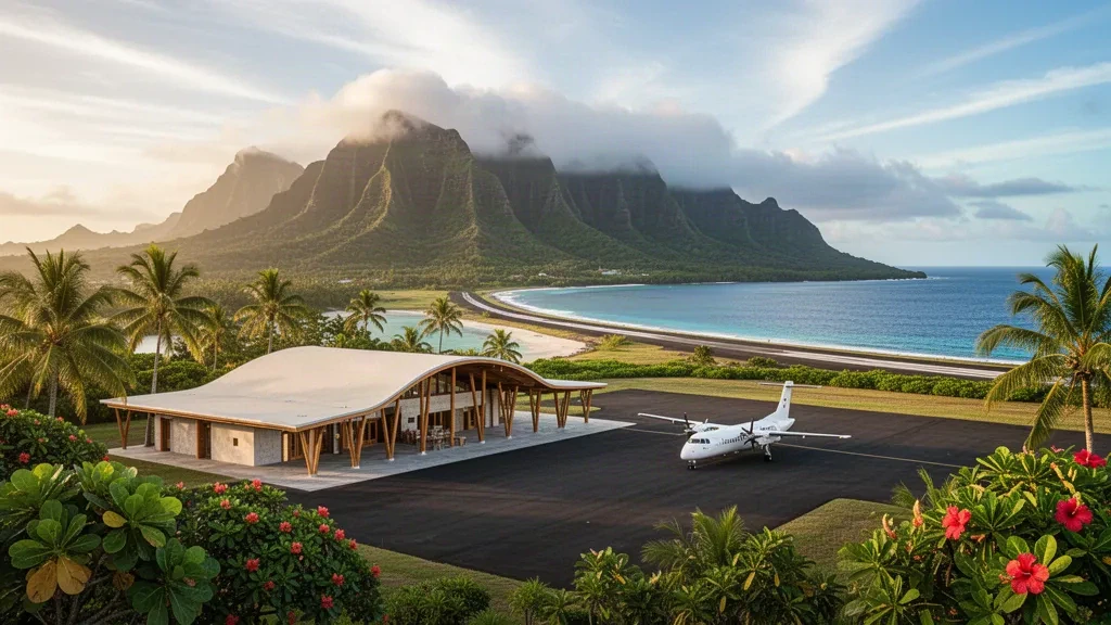 Terminal al aire libre y plataforma rodeada de palmeras en el aeropuerto de Nuku Hiva, en las islas Marquesas, con espectaculares picos volcánicos al fondo