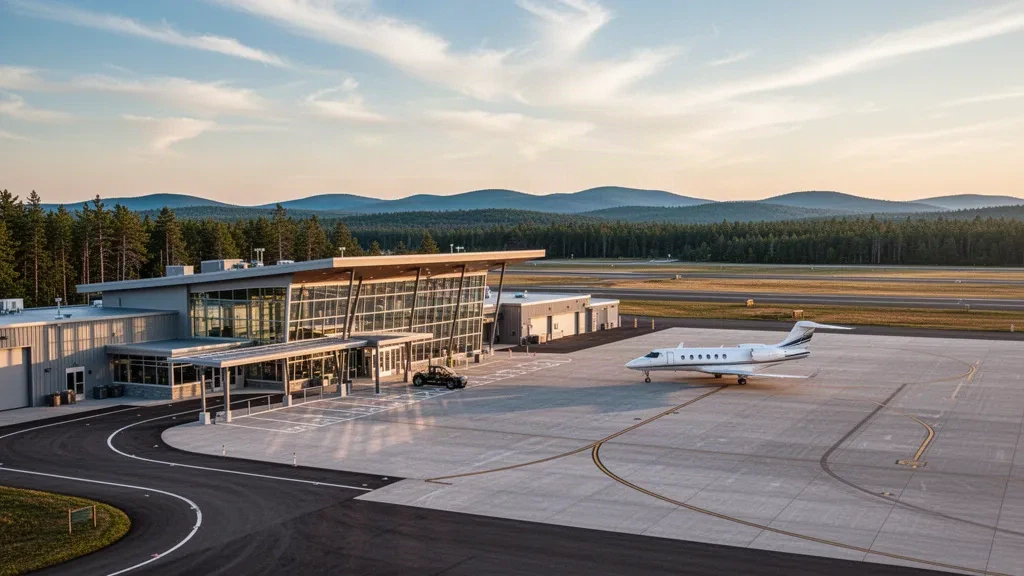 Terminal moderna de vidrio y pista en el Aeropuerto Brunswick Executive en Maine durante la hora dorada, rodeada de bosque de pinos.