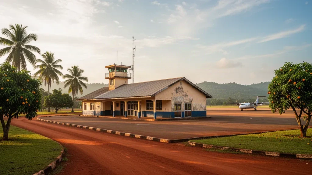 Terminal à un seul niveau et tarmac tropical à l'aéroport de Nimba au Liberia, capturés dans une lumière chaude de fin d'après-midi sous un ciel dégagé