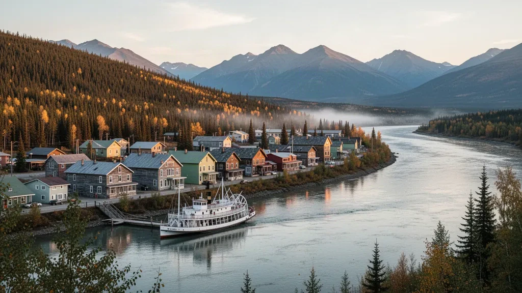 Whitehorse, Yukon riverfront at golden hour along the Yukon River, with a historic paddlewheel steamer, timber buildings and forested hills