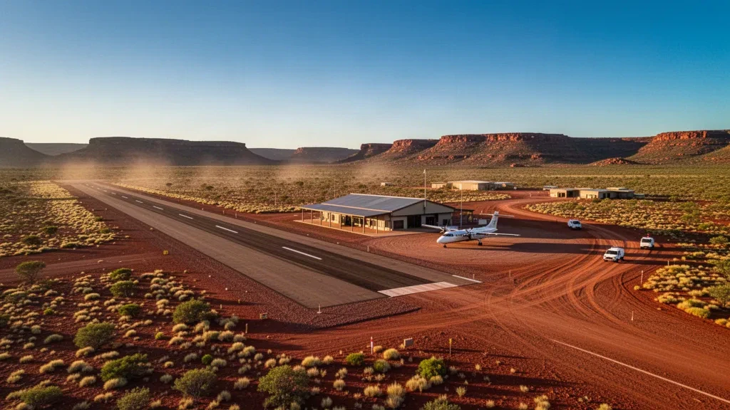 Pista de aterrizaje remota en el interior y pequeña terminal en el Aeropuerto Camp Nifty, en el desierto de Pilbara, Australia Occidental, a la hora dorada.