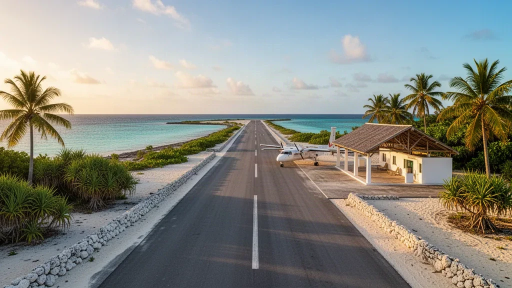 Aeropuerto de Nikunau en Kiribati con una pequeña terminal isleña, pista de coral y palmeras tropicales bajo un cielo pacífico despejado.