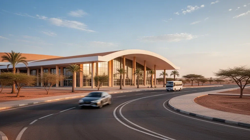 Extérieur moderne du terminal et voies de dépose bordées de palmiers à l'aéroport international Diori Hamani à Niamey, Niger, sous une lumière dorée