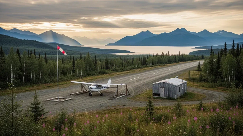 Pequeña pista de grava bordeada por un bosque de abetos de Alaska en el aeropuerto de Ninilchik, cerca de Cook Inlet, con un avión de bush aparcado bajo una suave luz del norte