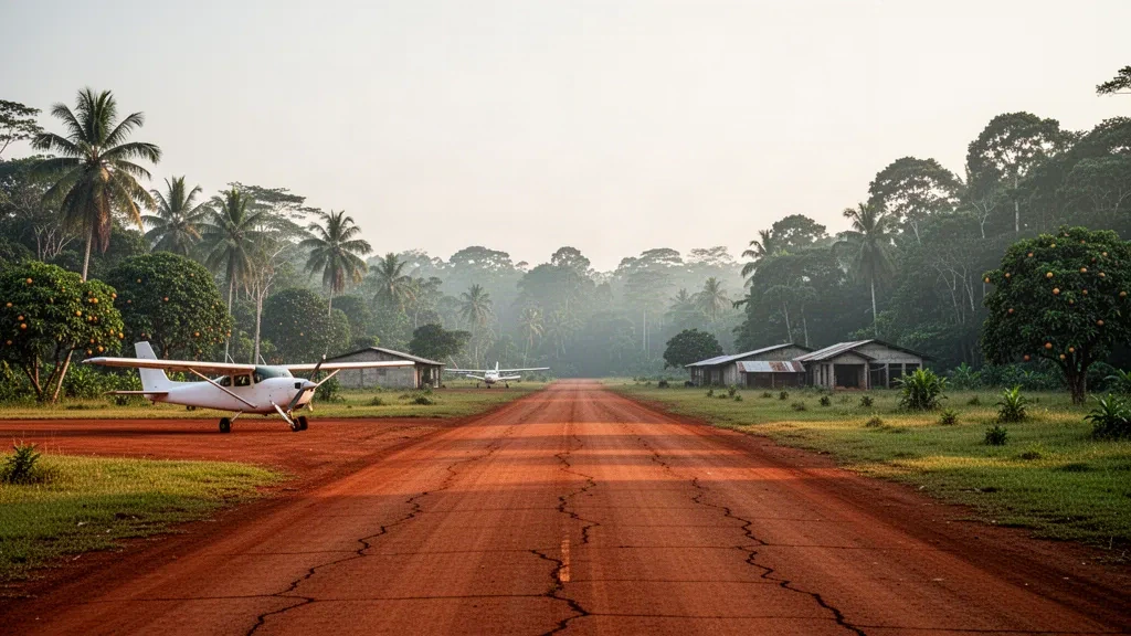 Petit avion léger stationné sur la piste en terre rouge de l'aéroport de Nioki, entouré de forêt tropicale humide dans le Mai-Ndombe, en RD Congo