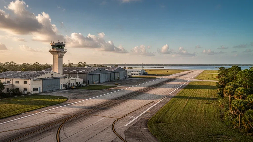 Vue à l'heure dorée de la piste, des hangars et de la tour de contrôle à Jacksonville Naval Air Station (Towers Field) en Floride