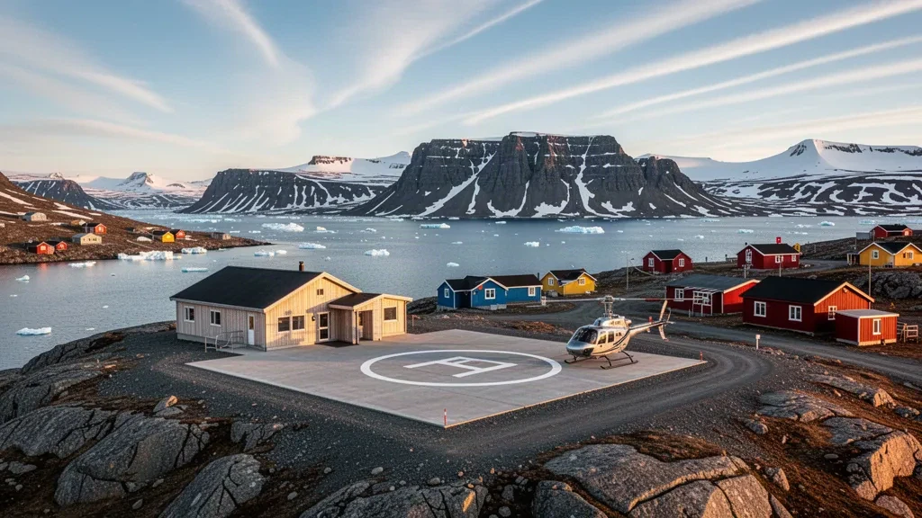 Helipuerto remoto en el Ártico en Niaqornat, Groenlandia, con una plataforma de aterrizaje, un pequeño edificio terminal y casas costeras coloridas bajo montañas cubiertas de nieve