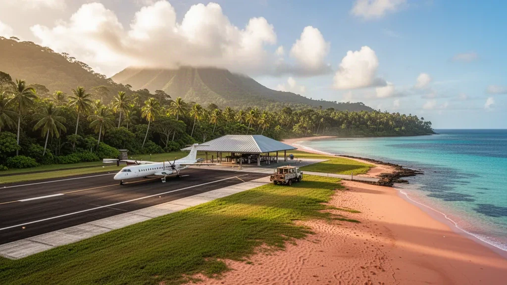 Pista di atterraggio su un'isola tropicale e piccolo terminal dell'aeroporto di Simberi in Papua Nuova Guinea, con palme, colline verdeggianti e un piccolo aereo sul piazzale.