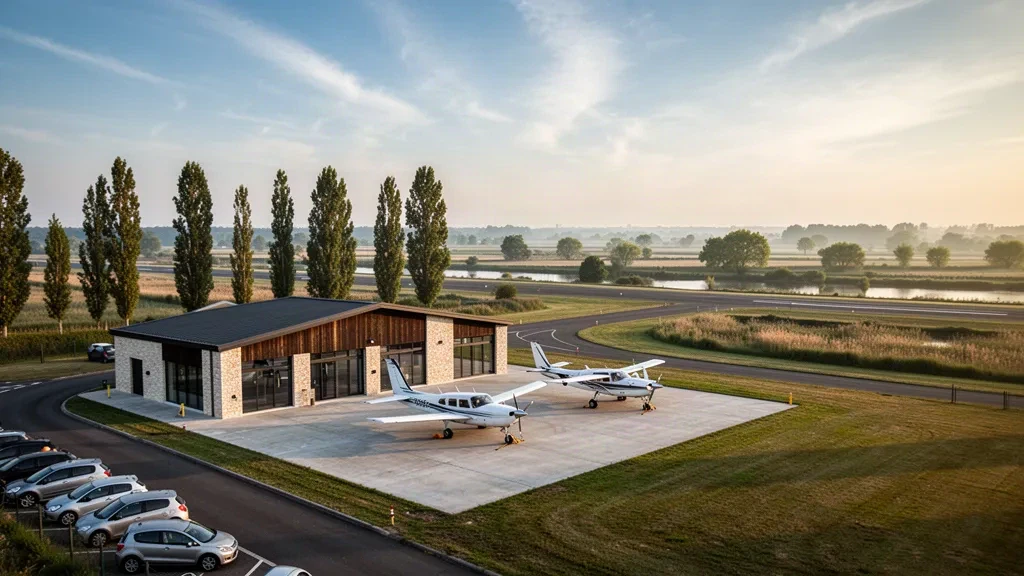Kleines regionales Flugplatzterminal und Vorfeld mit Leichtflugzeugen am Flughafen Niort-Marais Poitevin in Frankreich zur goldenen Stunde