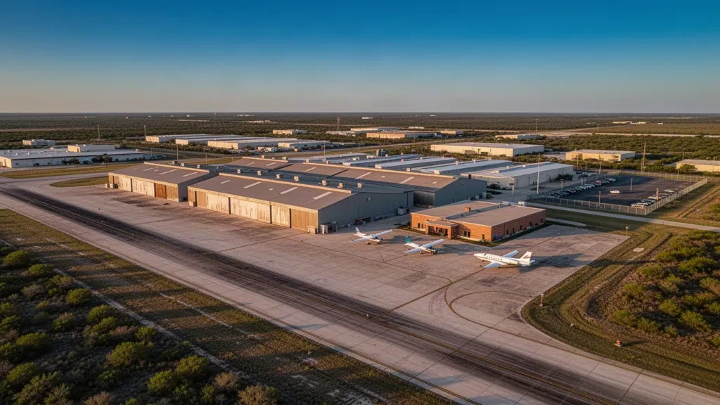Beeville, Texas'taki Chase Field Industrial Havalimanı'nda altın saatte çekilmiş hangarlar, apron ve geniş beton pist.