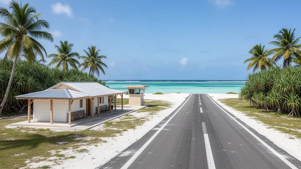 Small coral runway and palm-fringed open-air terminal at Niau Airport on a French Polynesian atoll under bright tropical light