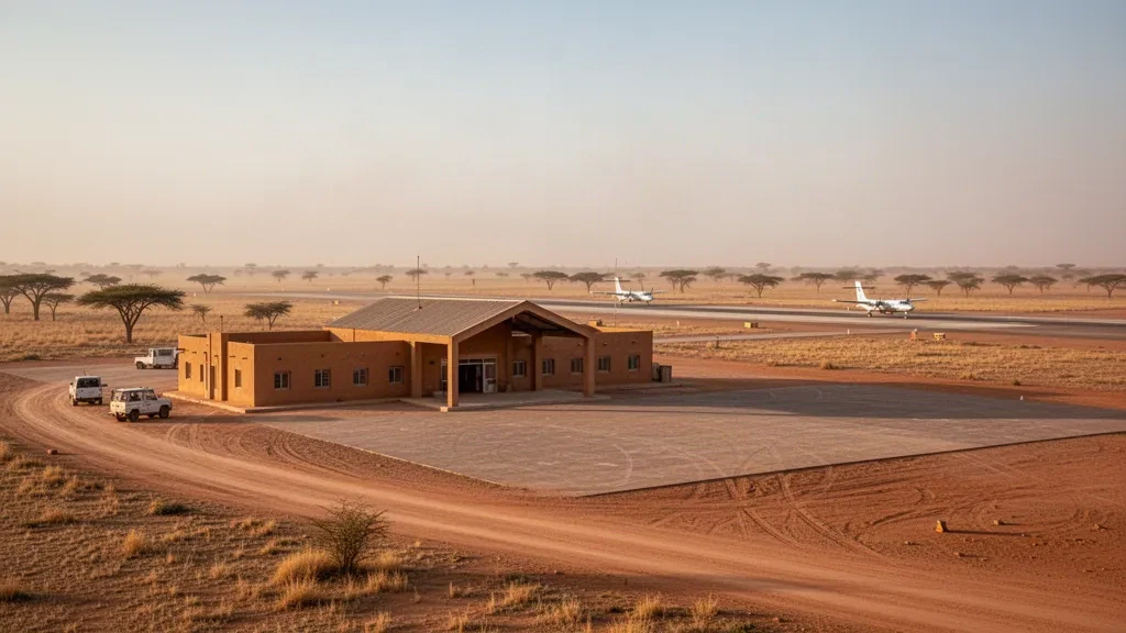 Terminal bajo de color arena y plataforma bañada por el sol en el aeropuerto de Nioro du Sahel, en Malí, bajo una cálida luz vespertina