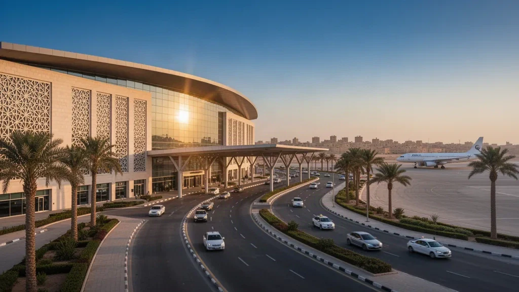 Modern glass terminal and palm-lined access roads at Al Najaf International Airport in Iraq glowing at golden hour