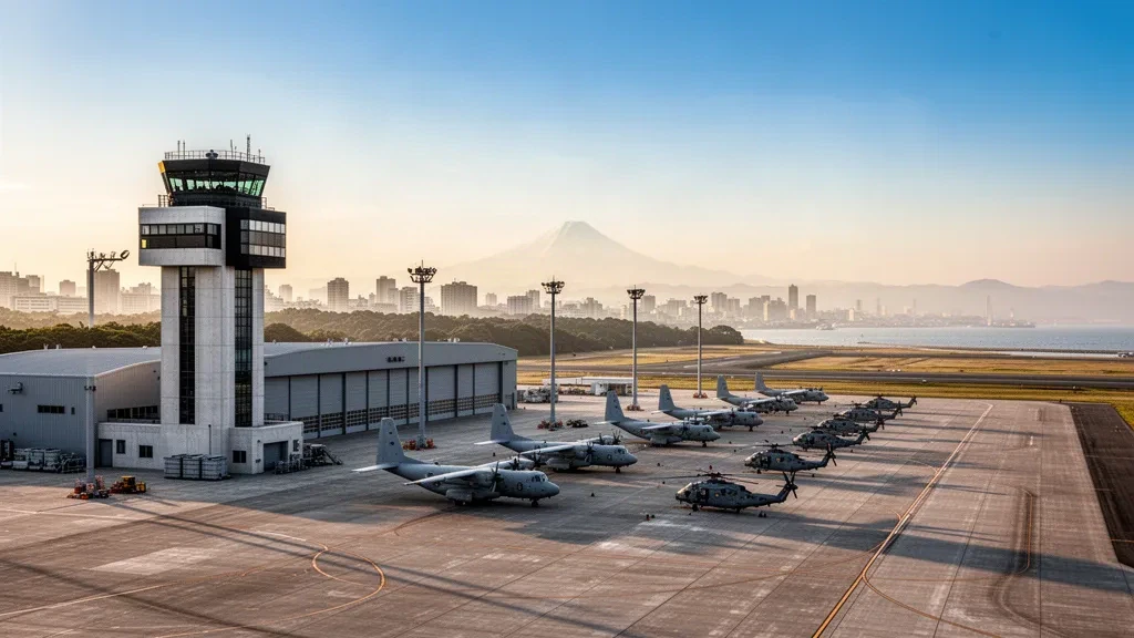 Weite Ansicht des JMSDF Atsugi Air Base in Kanagawa zur goldenen Stunde, mit dem Kontrollturm, Hangars und dem Vorfeld neben der Startbahn.