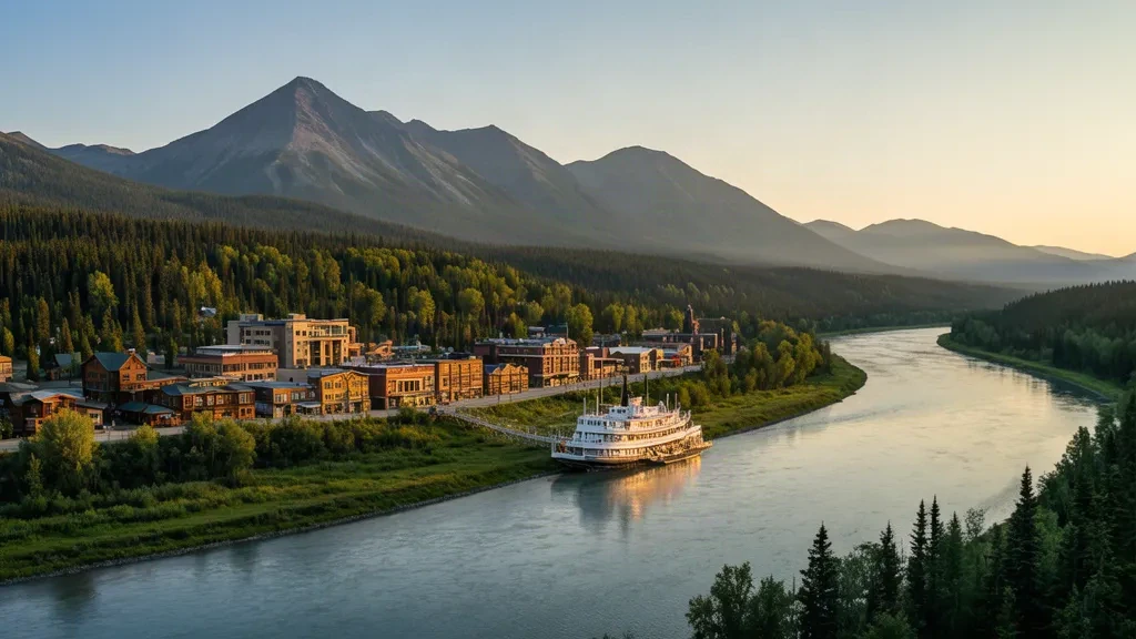 Whitehorse, Yukon, durante l'ora d'oro con il piroscafo a ruote S.S. Klondike sul fiume Yukon e lo skyline del centro incorniciato da montagne boscose.