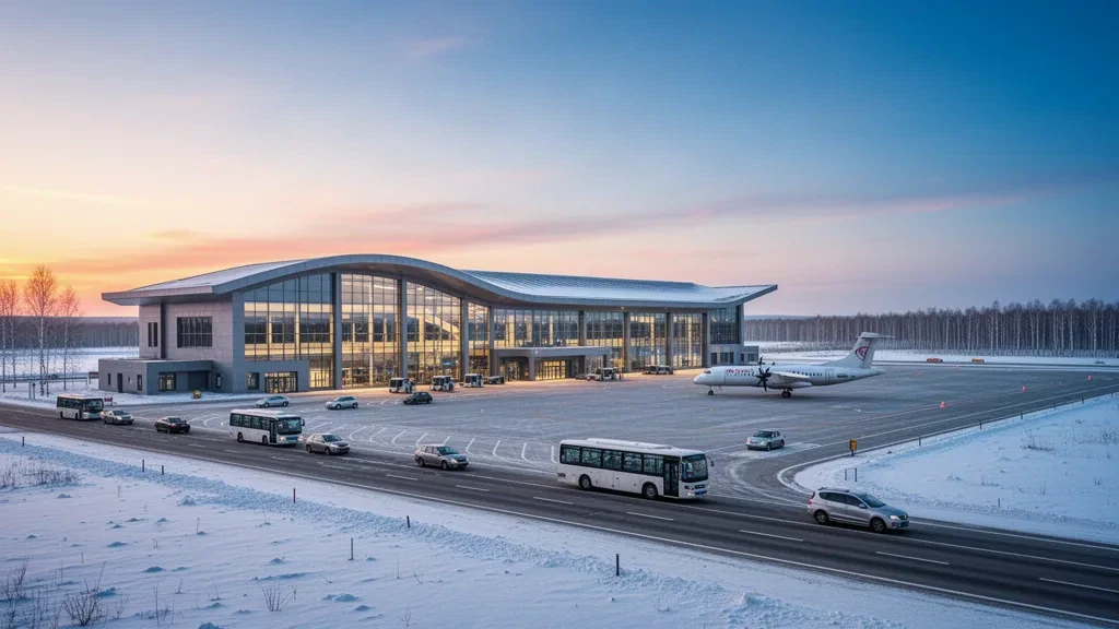 Nenjiang Melgen Havalimanı'nda karlı manzara, indirme şeritleri, park halindeki uçaklar ve altın kış ışığıyla modern terminal dış cephesi