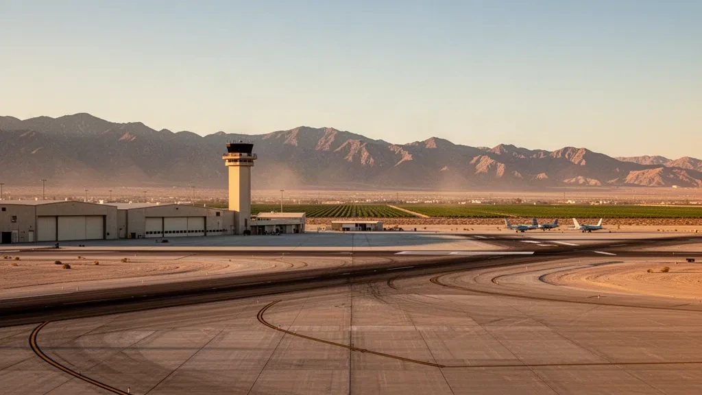 Desert flight line, hangars and control tower at Naval Air Facility El Centro, Vraciu Field, in California's Imperial Valley at golden hour